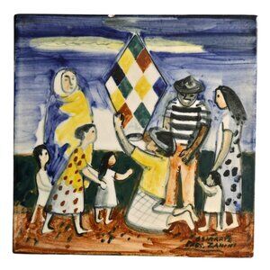 Zanini Ceramic Tile Art Cena Da Fest Hand Painted Family Scene Signed Vintage